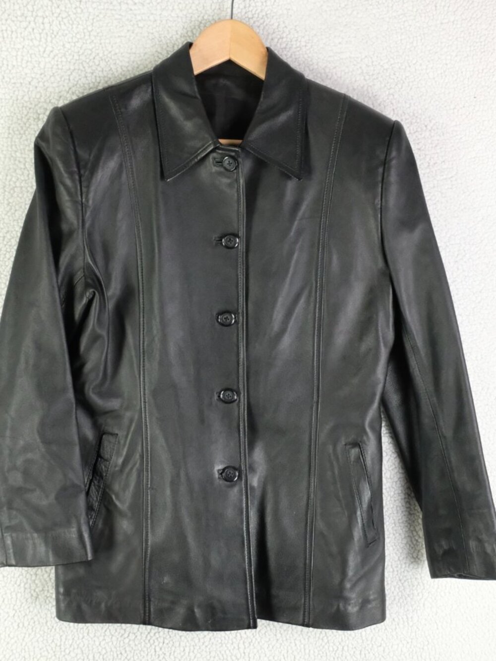 Dormeuil Leather Jacket Womens Medium Black Button Up Lined Lightweight